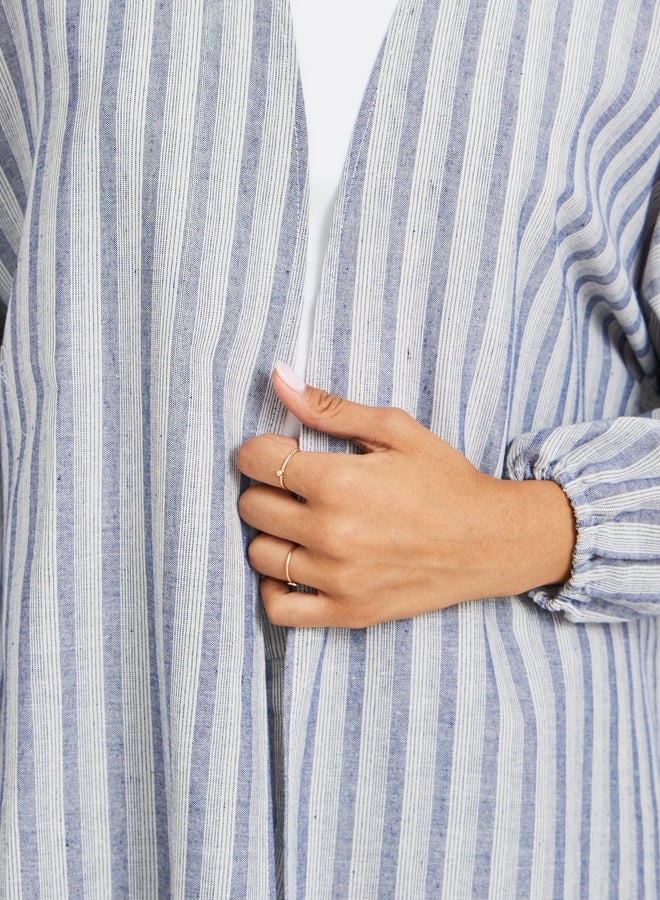 ستايلي كيمونو طويل مخطط بمظهر كتان بقصة عادية - Image 3